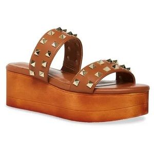 Women's Madden Girl Everett Platform Wedge Sandals Brown Dark Tan Studded heel